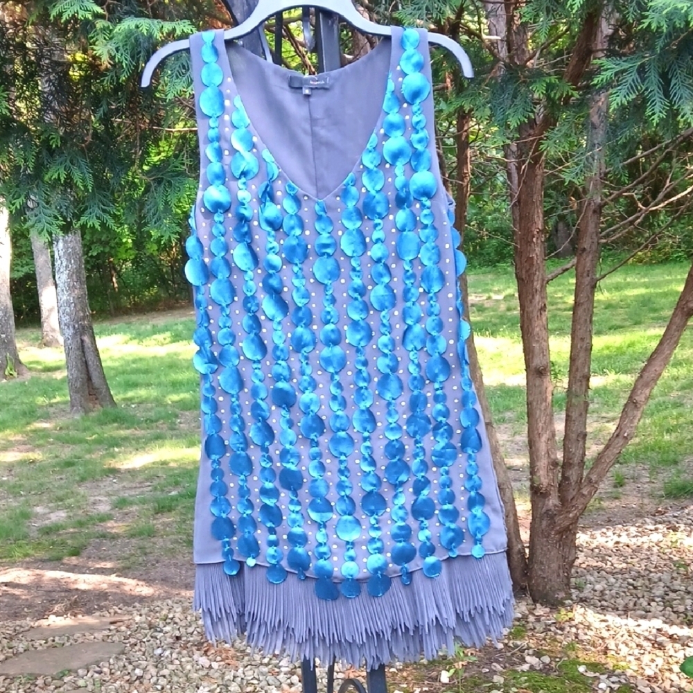 IO♡posh Elegant Blue and Gray Rhinestone Fringe Dress Size S